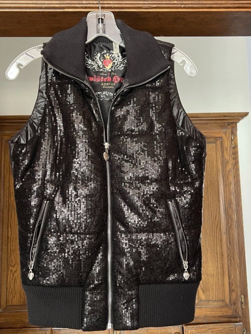 Twisted Heart Womens Sequined Puffer Vest Black Sleeveless Sz S